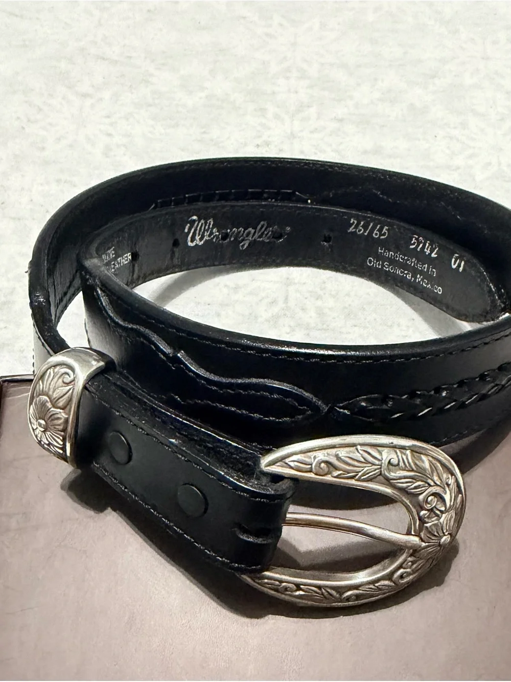 Vintage Wrangler Leather Western Belt Handcrafted Old Sonora Mexico Black 26/65